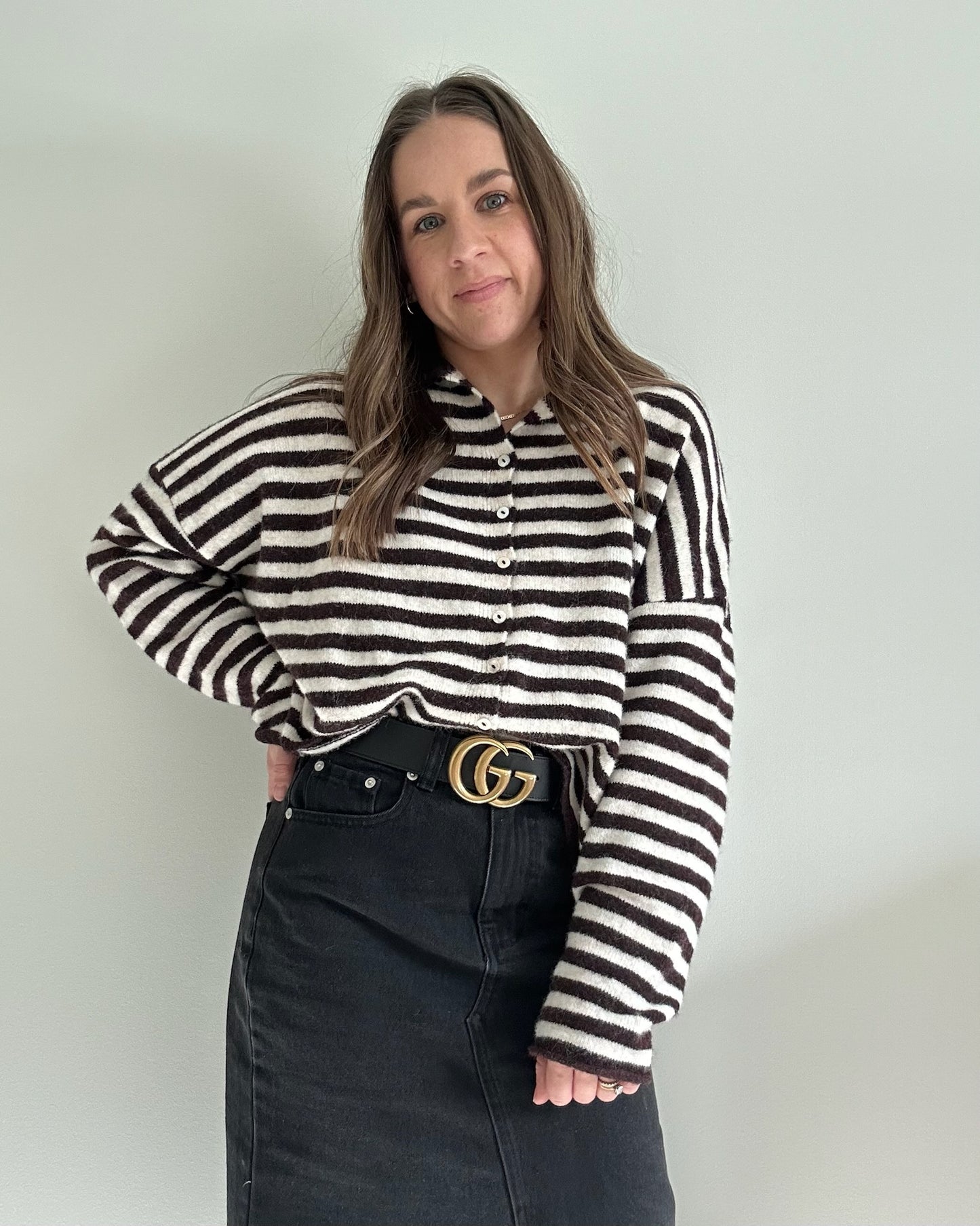 Lennie Cardigan in Burgundy and White Stripe