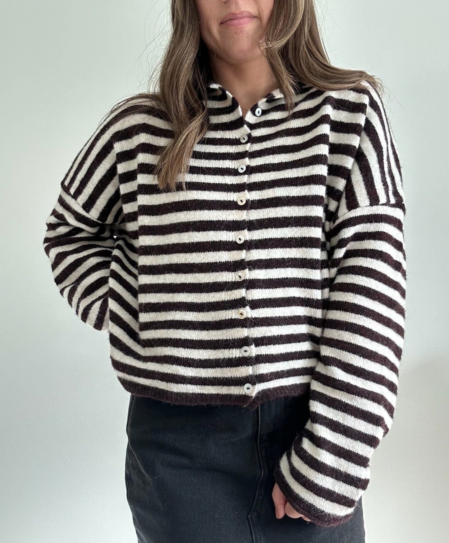 Lennie Cardigan in Burgundy and White Stripe