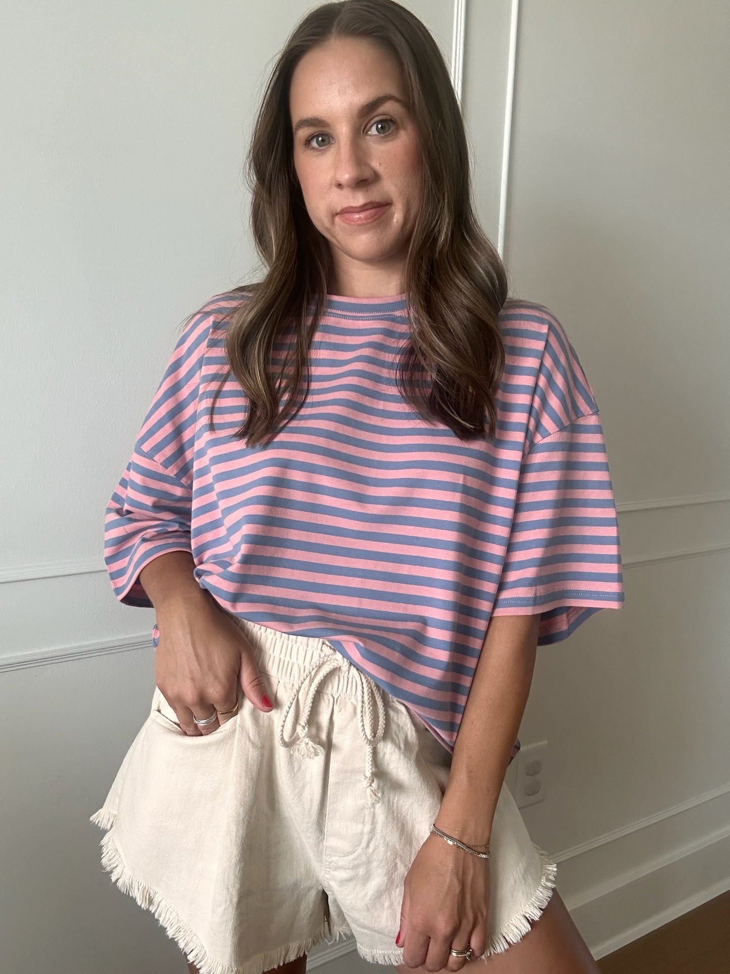Megan Striped Tee in Bubble Gum Pink and Denim Blue