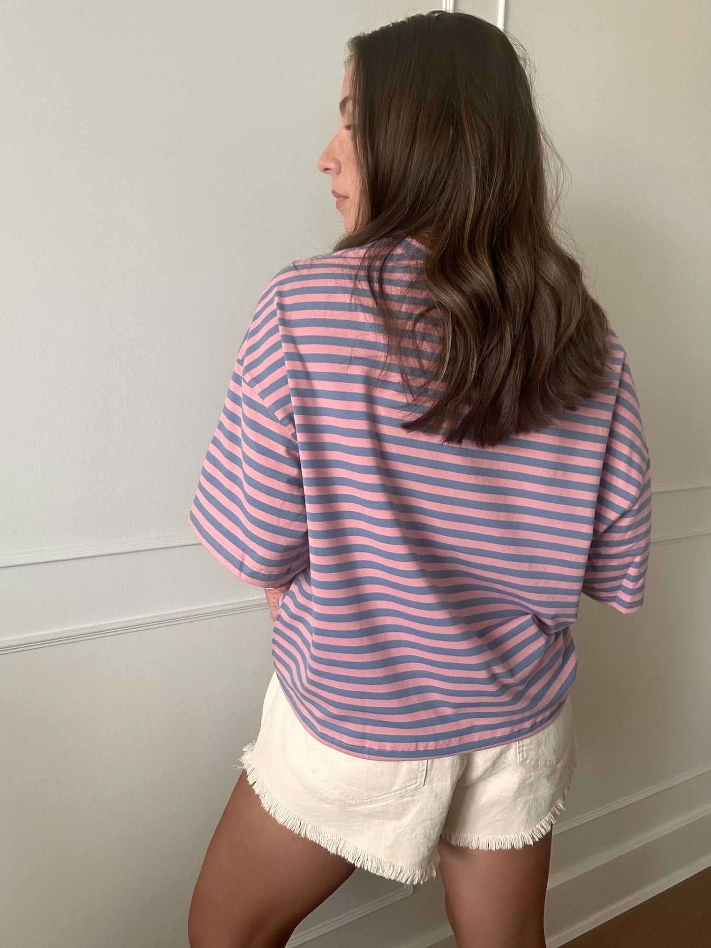 Megan Striped Tee in Bubble Gum Pink and Denim Blue