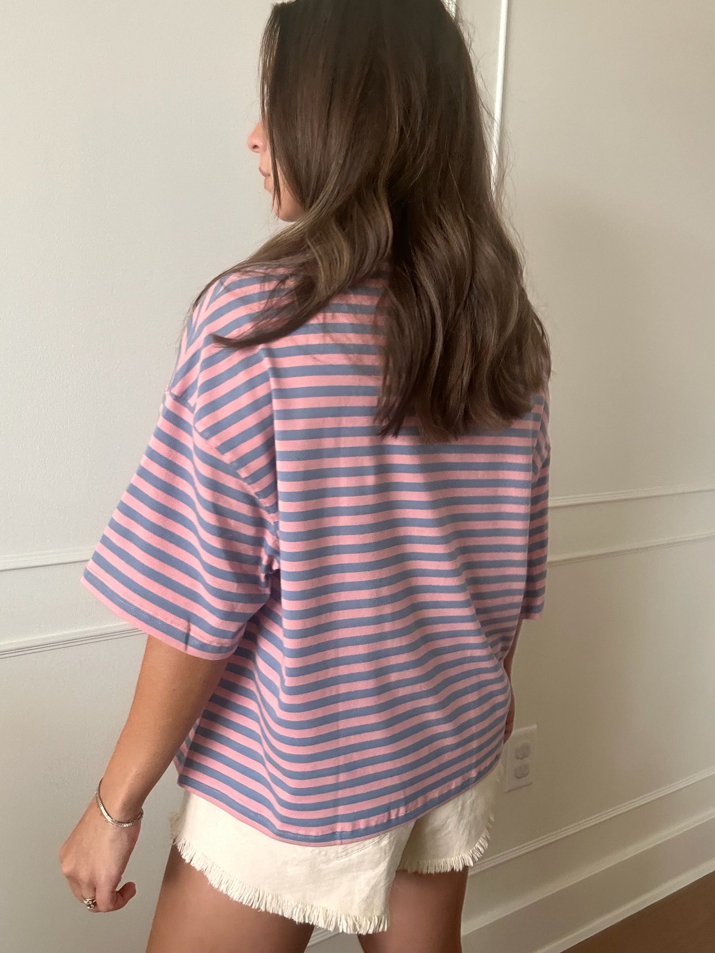 Megan Striped Tee in Bubble Gum Pink and Denim Blue