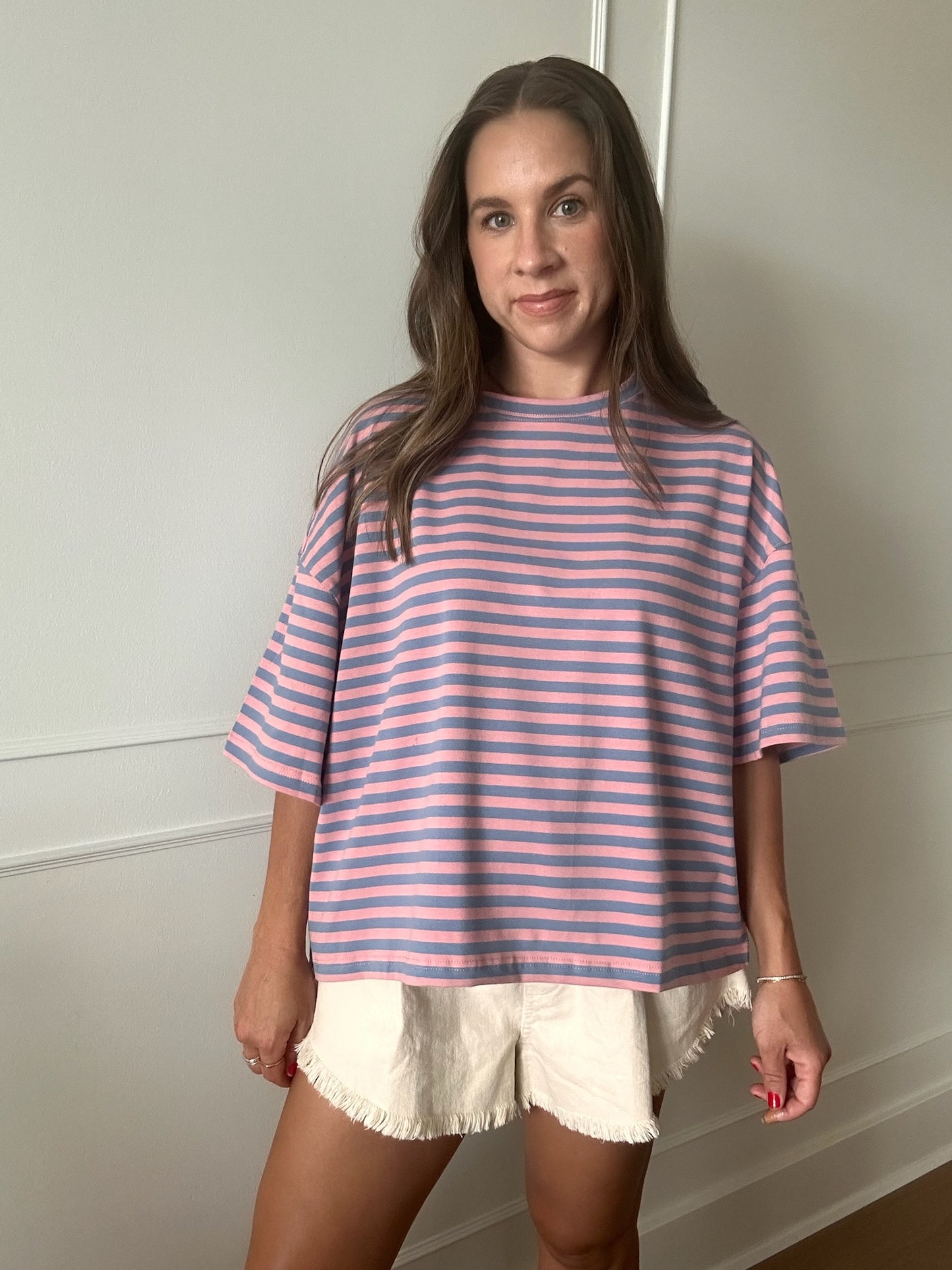 Megan Striped Tee in Bubble Gum Pink and Denim Blue