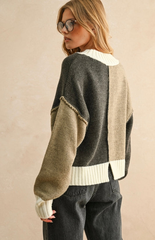 Color Block Sweater - Olive & Charcoal