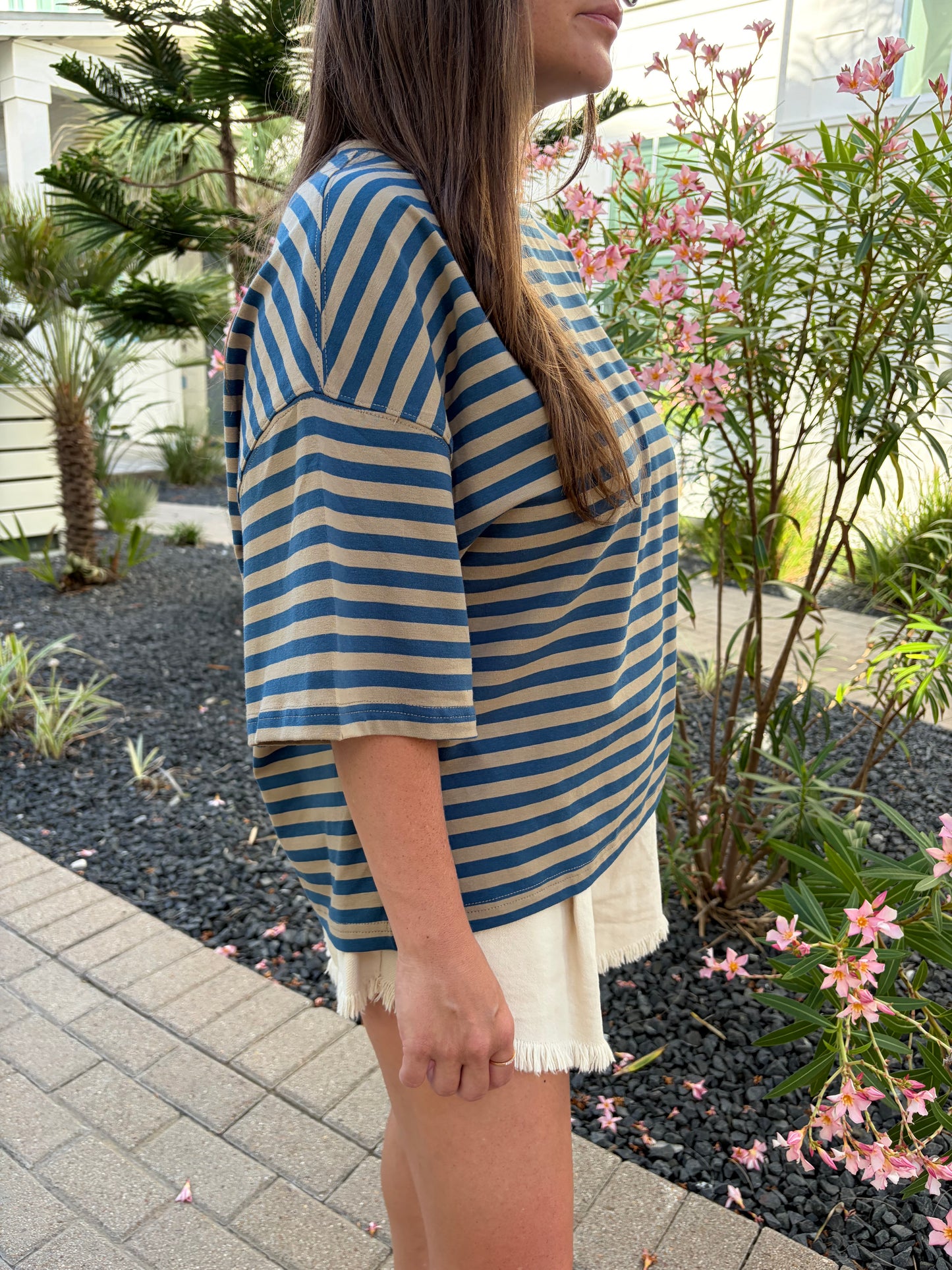Megan Striped Tee in Ocean Blue and Tan